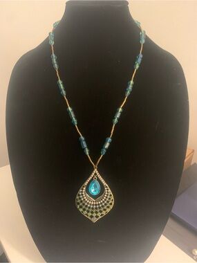 Blue Teardrop Pendant Necklace with Beaded Chain